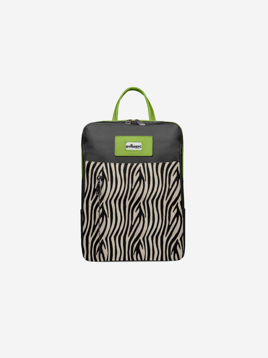 Backpack with zebra pattern and green accents on a white background