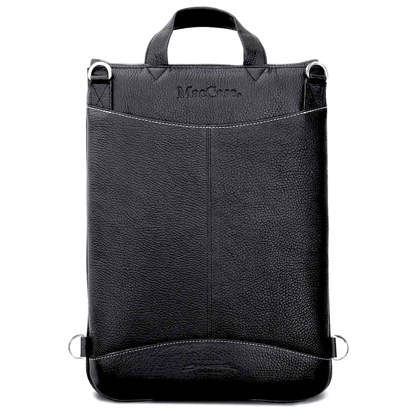 Black leather backpack with visible brand name on a white background