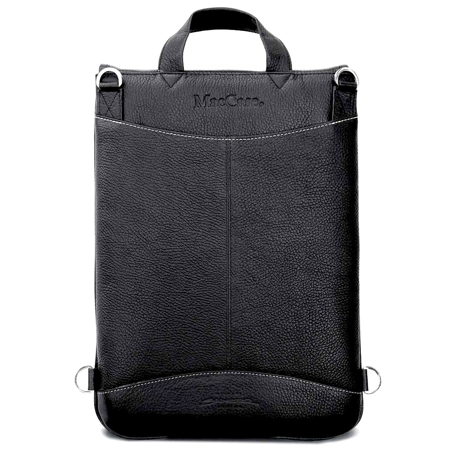 Black leather backpack with visible brand name on a white background
