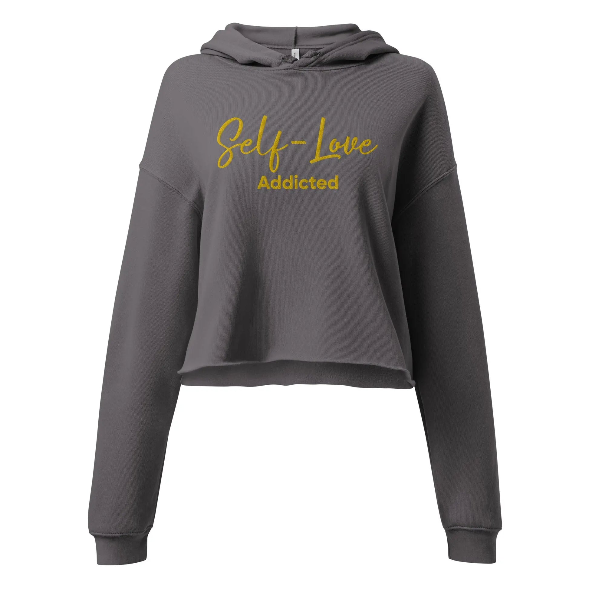 Gray hoodie with 'Self-Love Addicted' text in yellow on a white background