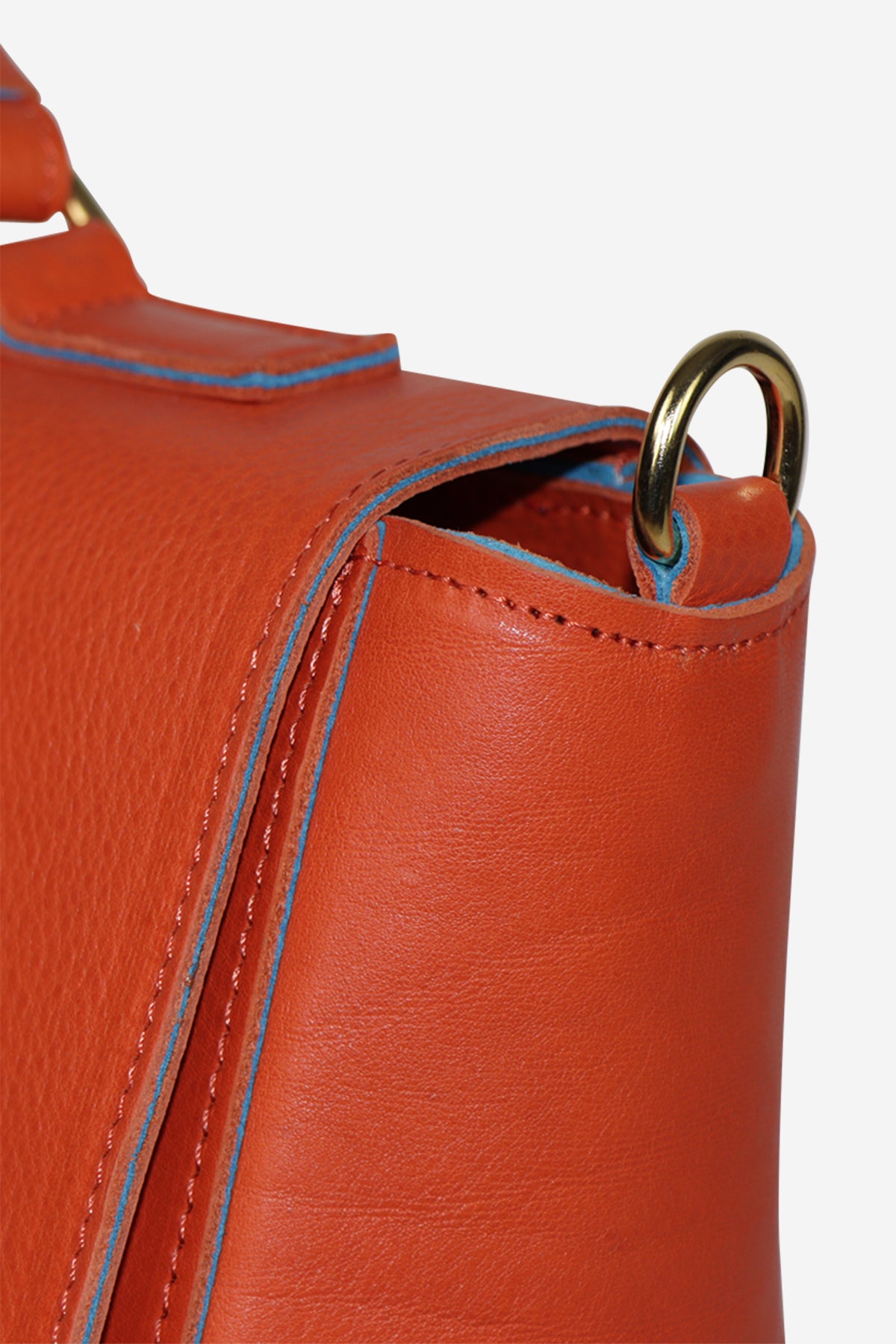 Close-up of a red leather bag with gold hardware on a white background