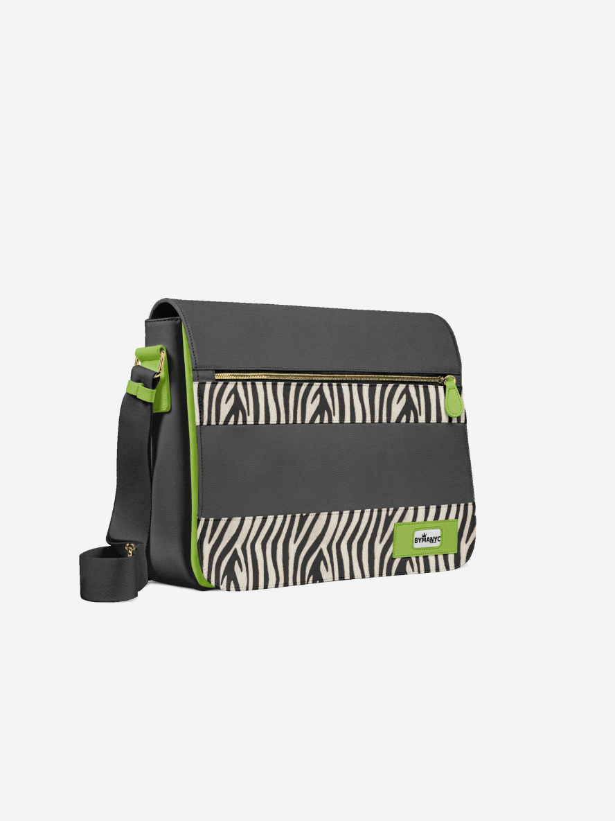 Gray bag with zebra pattern and green accents on a white background