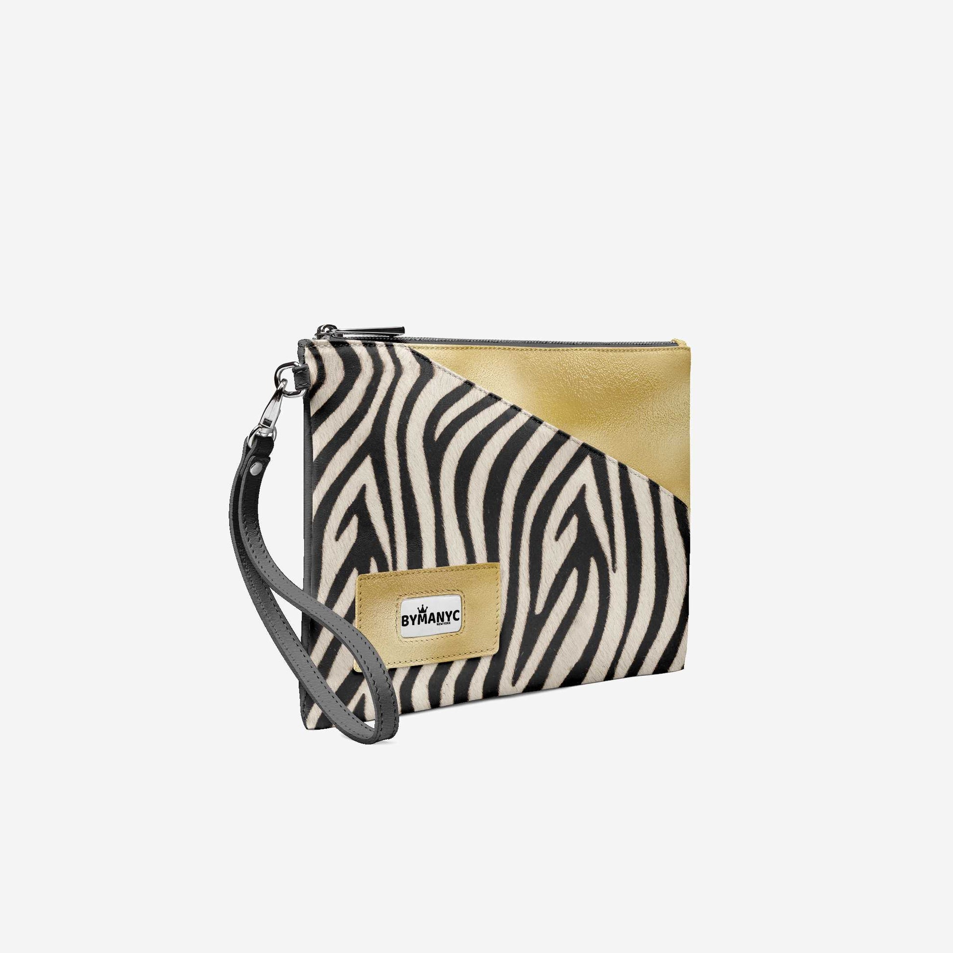 Zebra print clutch bag with gold accents on a white background