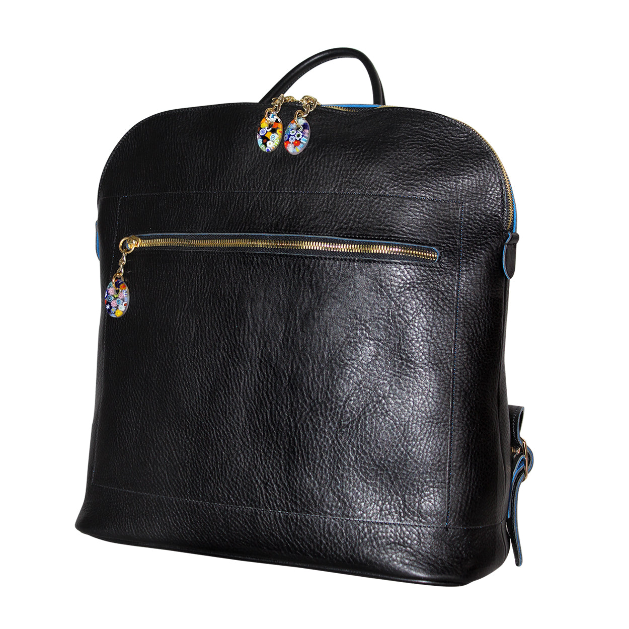 Black leather backpack with decorative charms on a white background