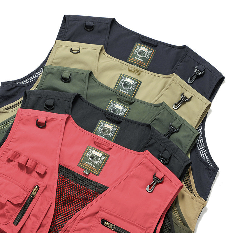 Collection of multi-colored vests with zippers and mesh accents on a white background