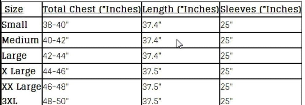 Measurement chart for clothing sizes with dimensions in inches