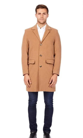 Man wearing a tan coat on a white background