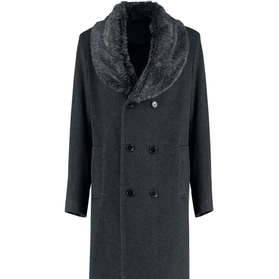 Dark gray coat with fur collar on a white background