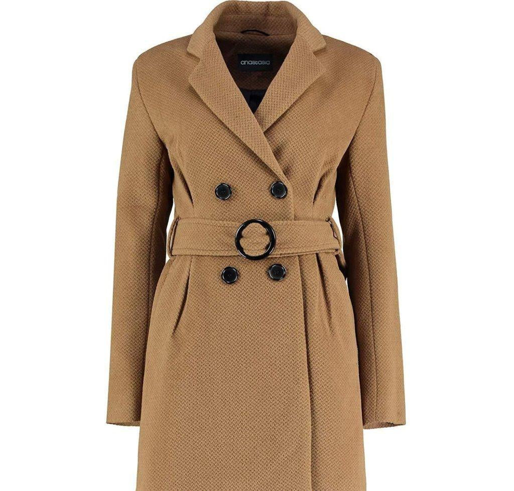 Tan coat with black buttons on a white background