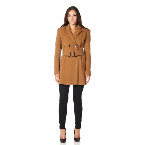 Woman wearing a brown coat on a white background