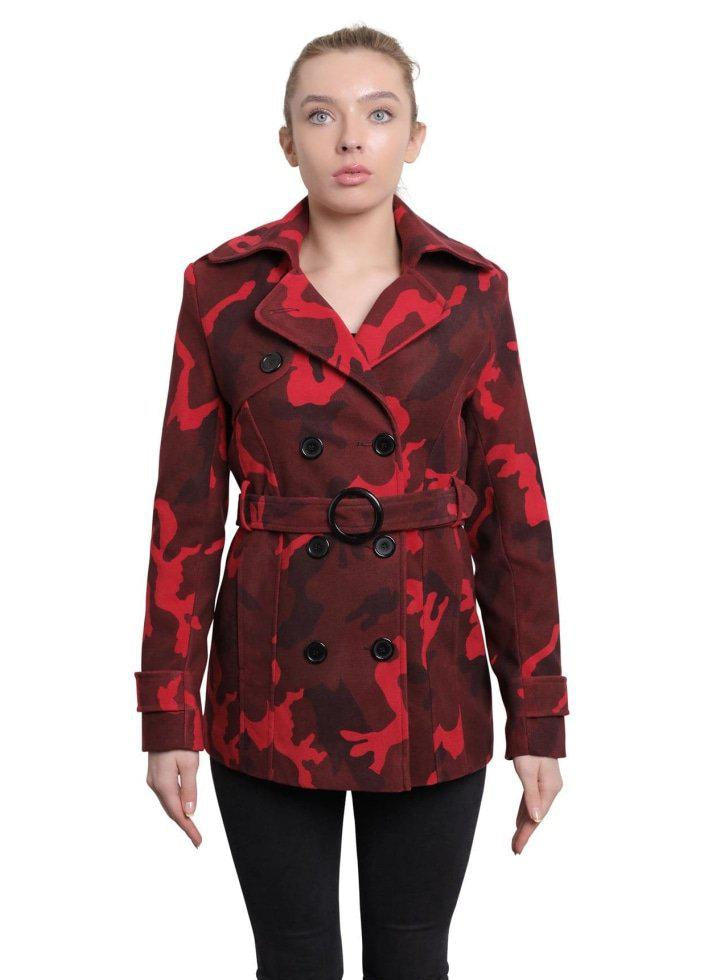 Red camouflage coat worn by a model on a white background