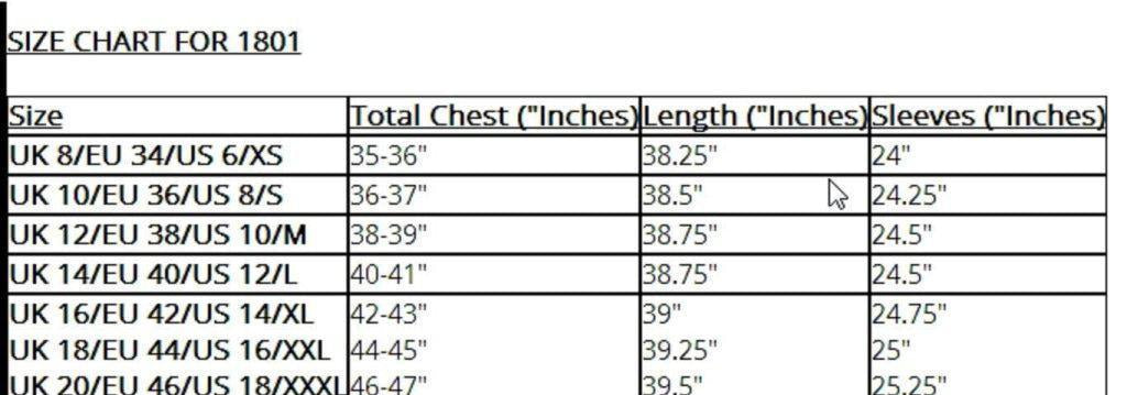 Size chart for clothing item with measurements in inches,