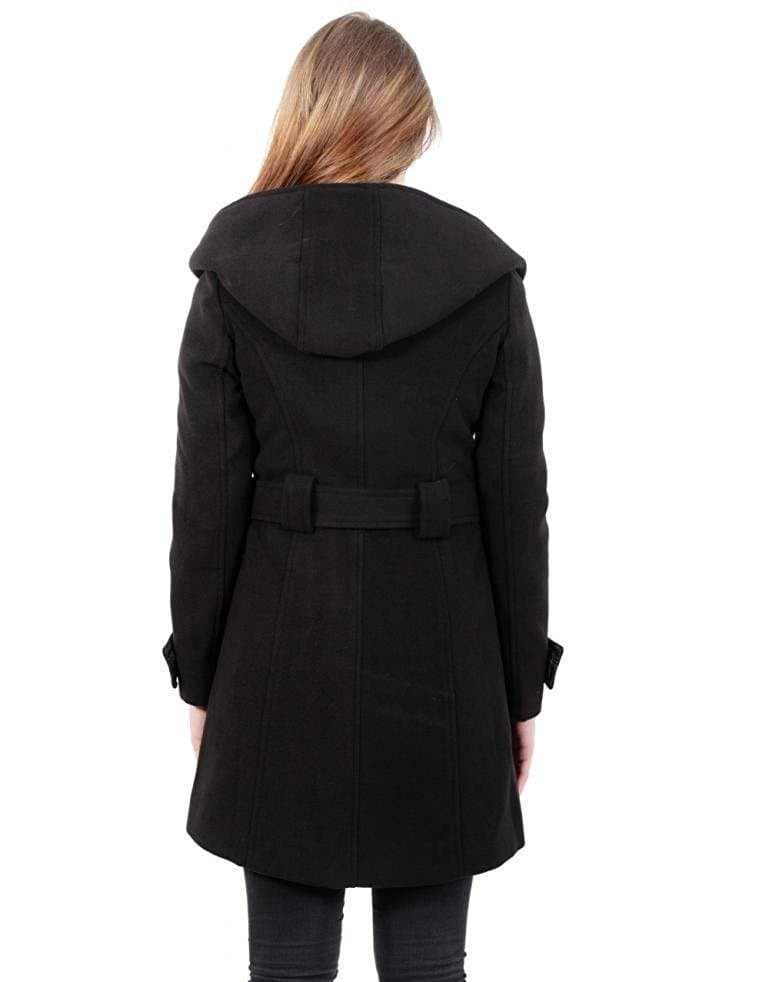 Black coat with a hood worn by a person on a white background.