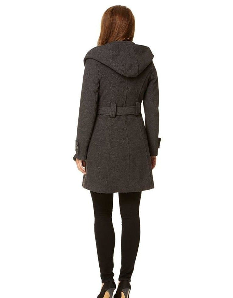 Woman wearing a gray coat with a hood on a white background.