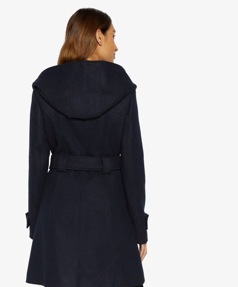 Navy blue coat with a hood on a white background