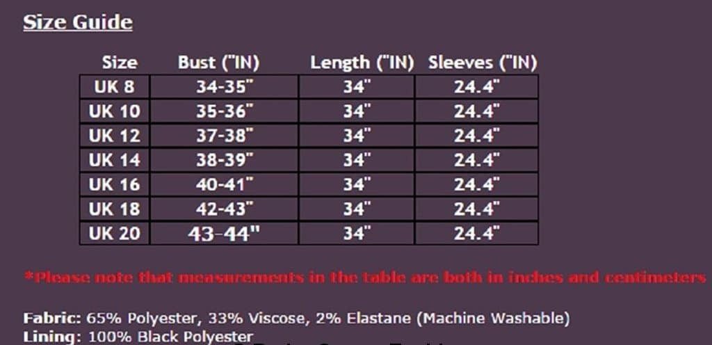 Size guide chart for clothing with measurements on a dark background