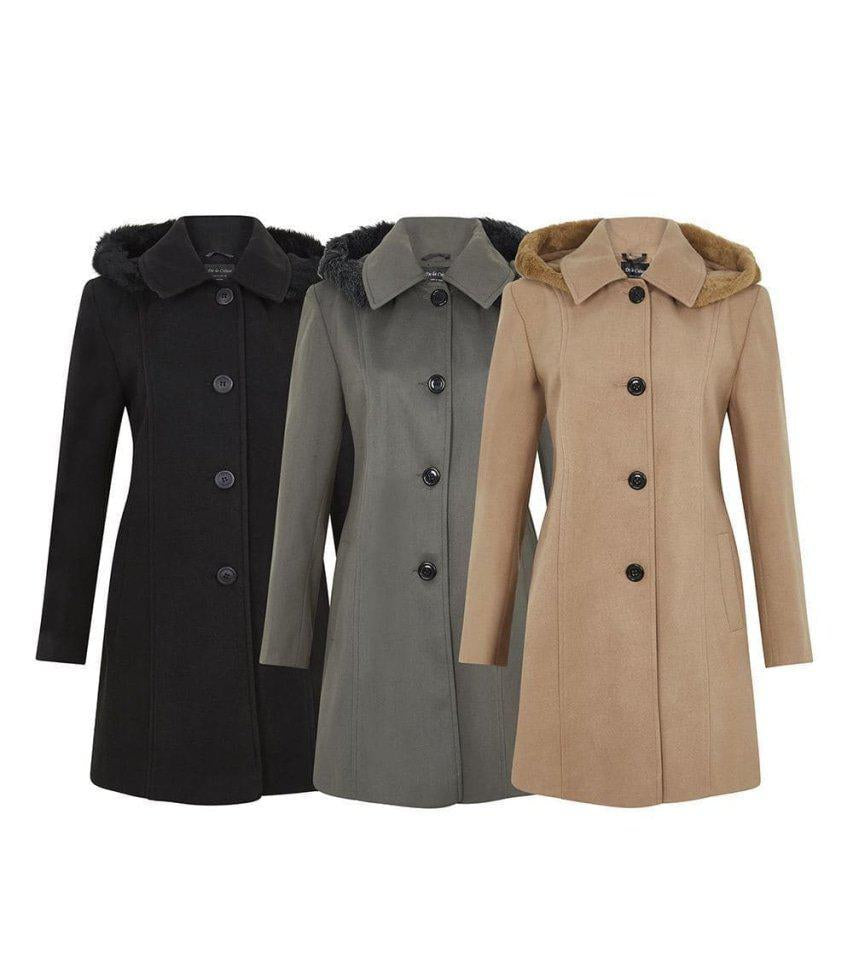 Three coats in black, gray, and beige with fur hoods on a white background