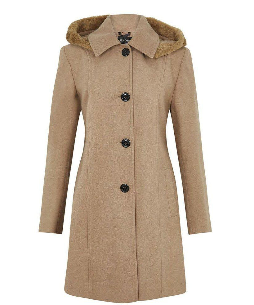 Beige coat with fur-lined hood on a white background