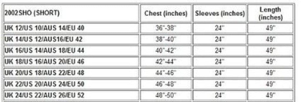 Measurement chart for clothing with sizes 12 to 24, showing chest, sleeve, and length measurements.