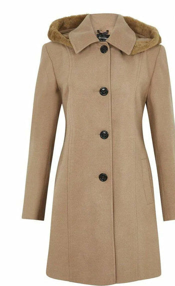 Beige coat with fur hood on a white background