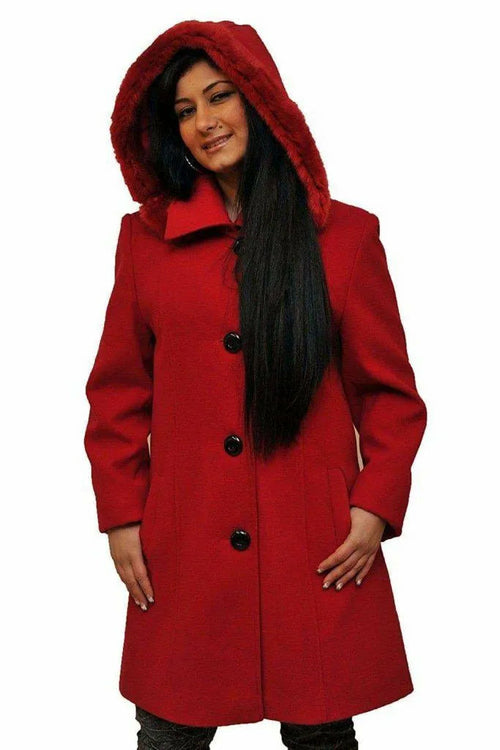 Woman wearing a red coat with a hood on a white background