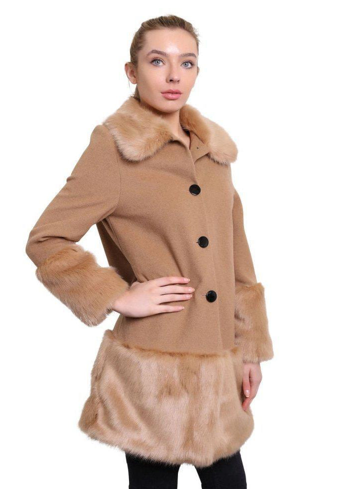 Woman wearing a tan coat with fur trim on a white background