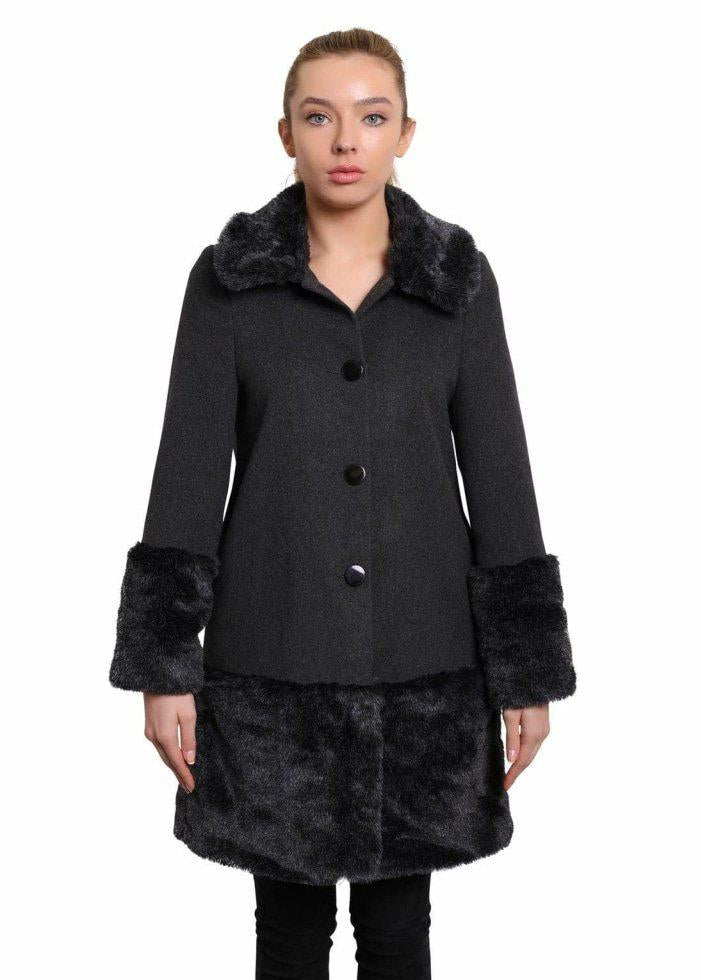 Woman wearing a black coat with fur trim on a white background