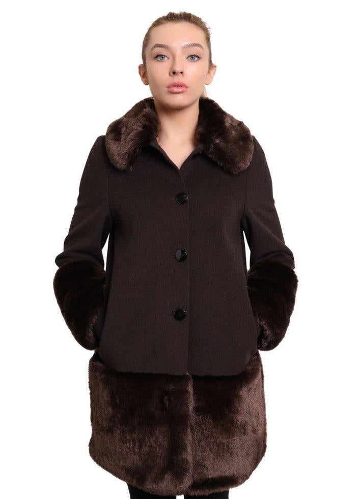 Woman wearing a brown coat with fur trim on a white background