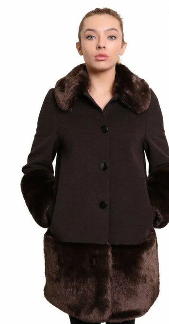 Woman wearing a brown coat with fur trim on a white background