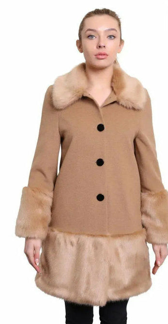Woman wearing a beige coat with fur trim on a white background