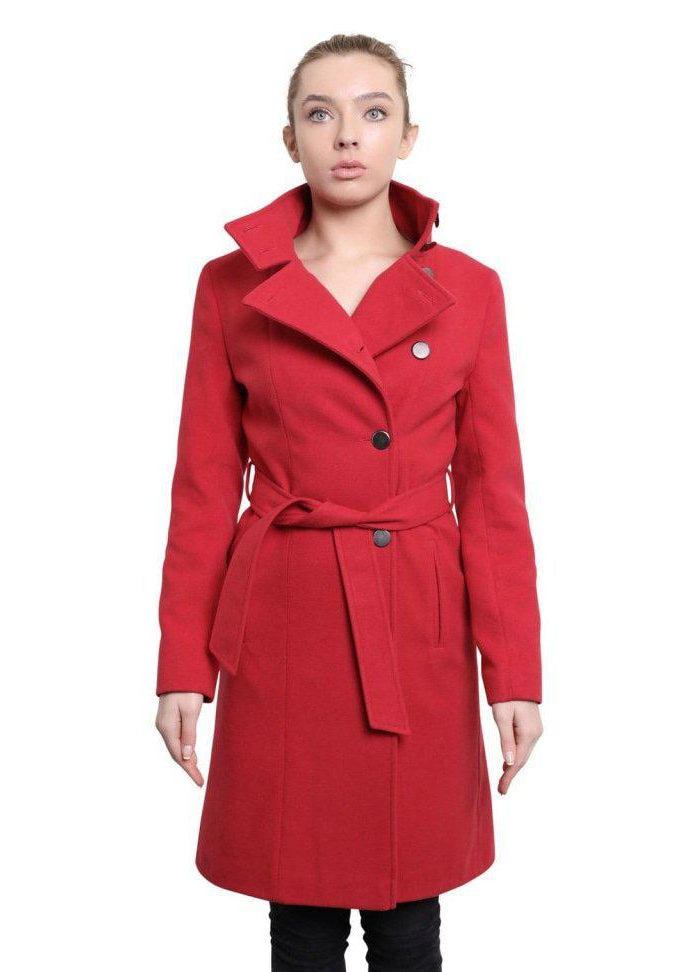 Red coat worn by a model on a white background
