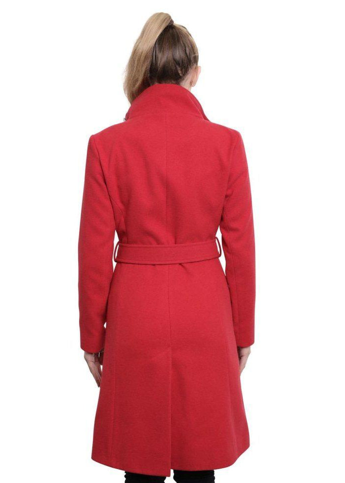 Red coat worn by a person on a white background