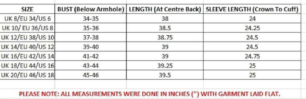 Size chart for clothing with measurements in inches