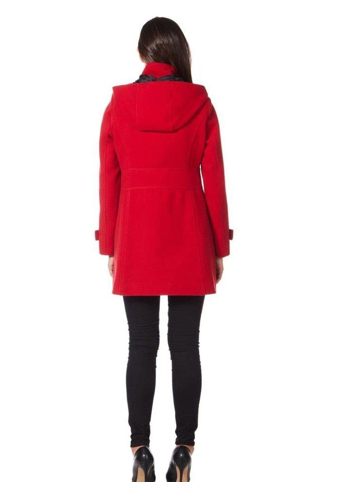 Red coat worn by a person on a white background.