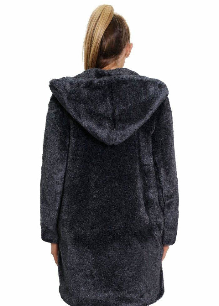 Person wearing a dark gray hooded coat on a white background