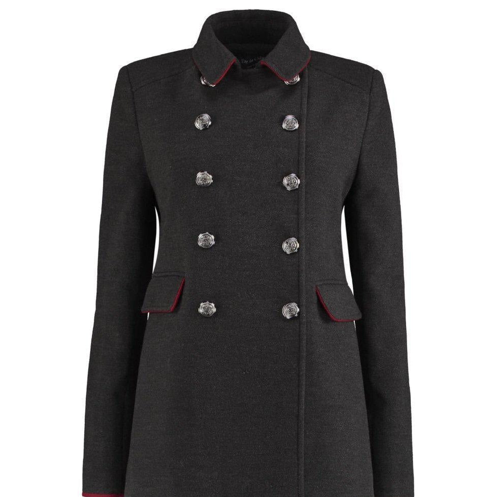 Dark gray coat with red trim and silver buttons on a white background
