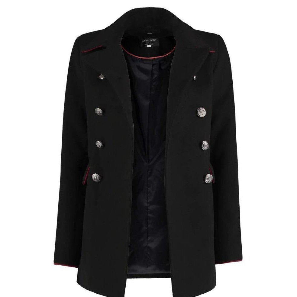 Black coat with silver buttons on a white background