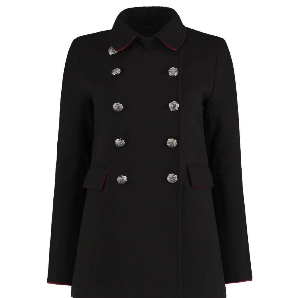 Black coat with silver buttons on a white background