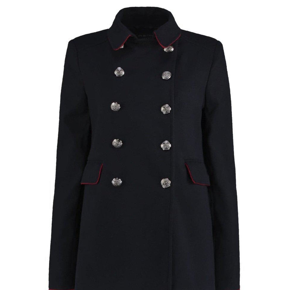 Black coat with silver buttons on a white background