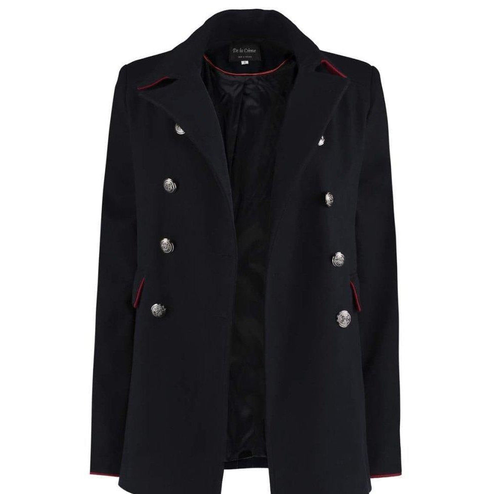 Black coat with silver buttons on a white background