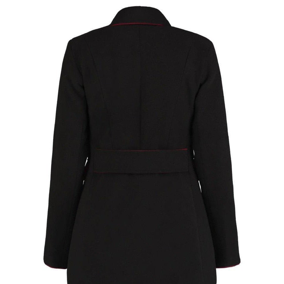 Black coat with red piping on a white background