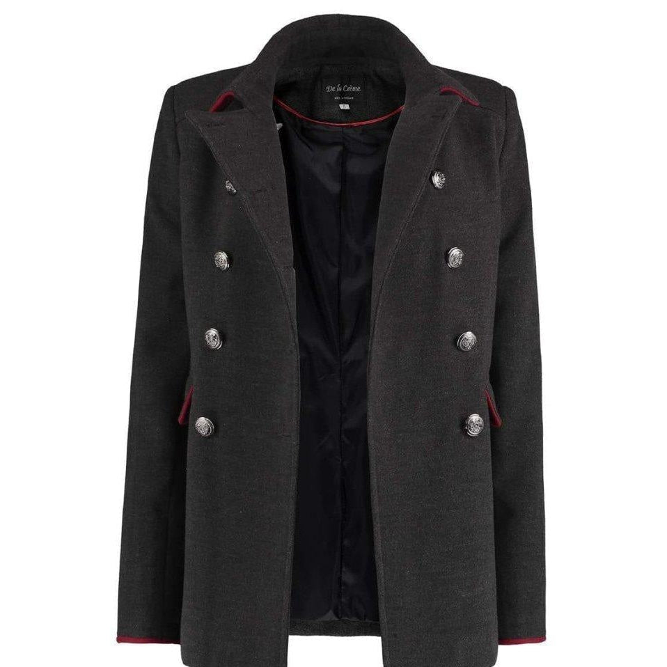 Dark gray peacoat with red trim on a white background