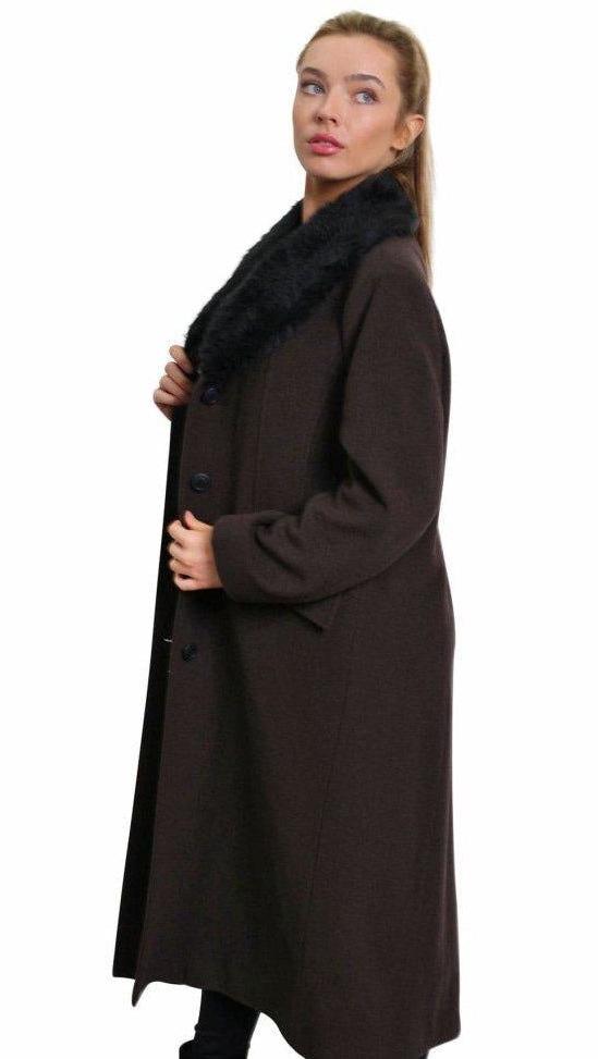 Woman wearing a long brown coat with a fur-lined hood on a white background