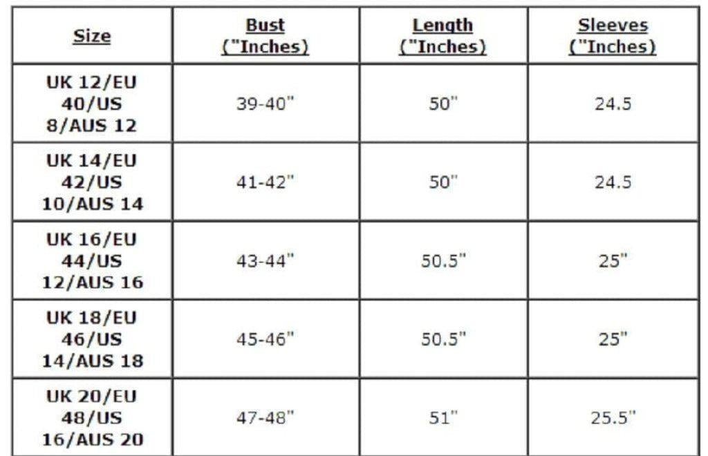 Measurement chart for clothing sizes with bust, length, and sleeve dimensions.
