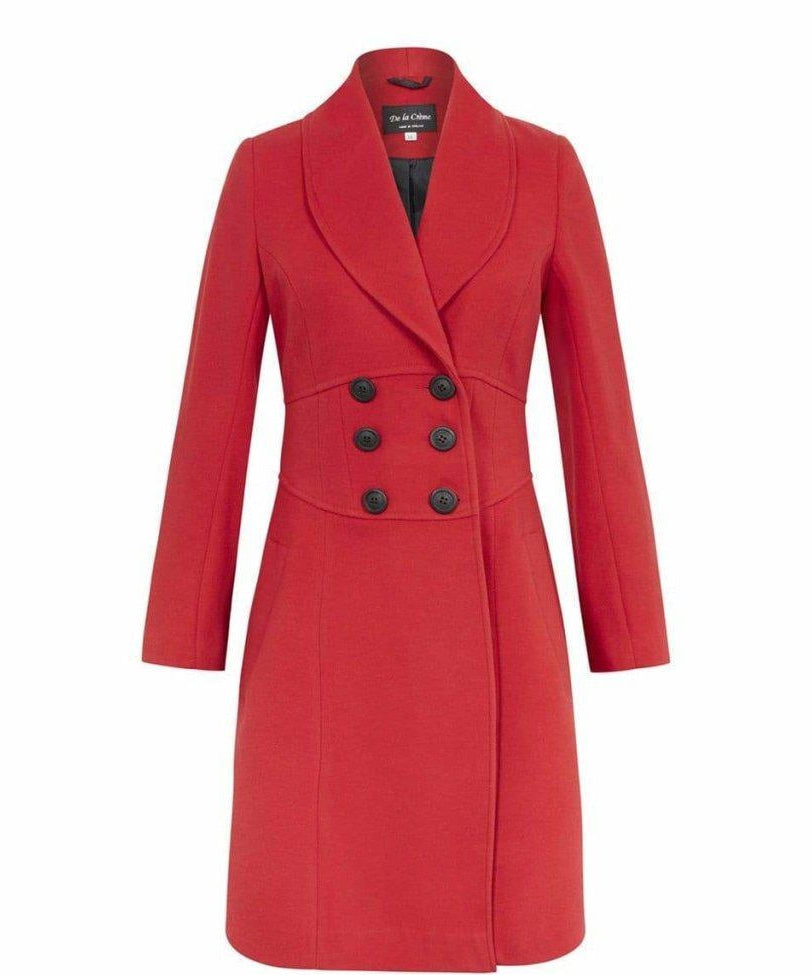 Red coat with black buttons on a white background