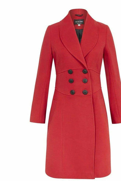 Red coat with black buttons on a white background