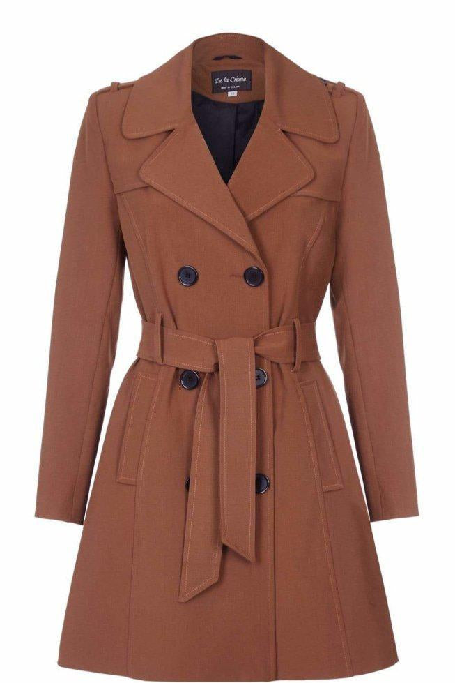 Brown trench coat with a belt on a white background