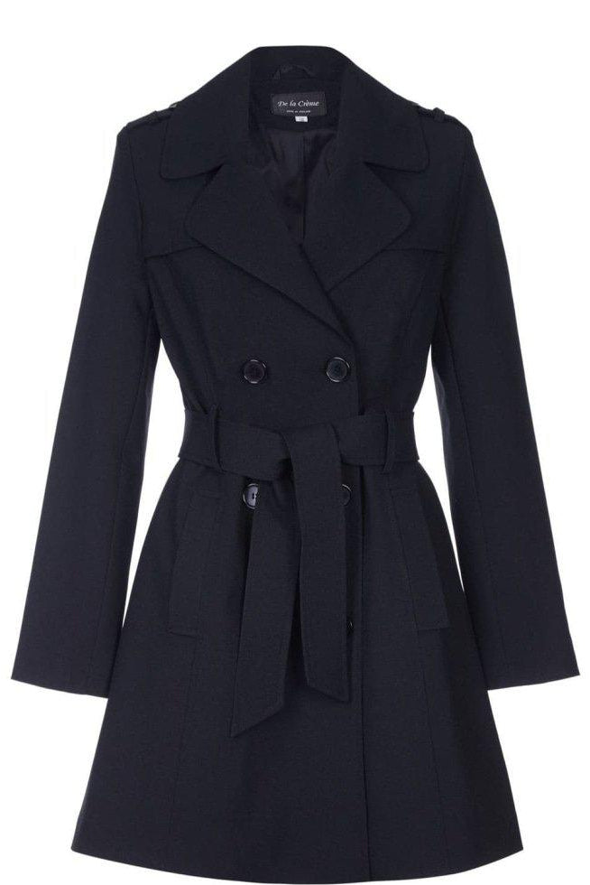 Navy blue trench coat on a white background