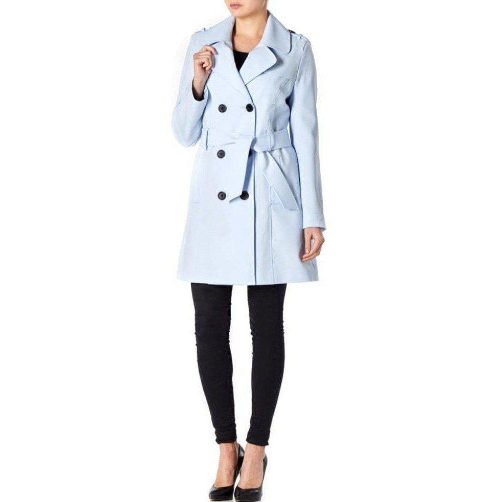 Light blue trench coat worn by a person on a white background