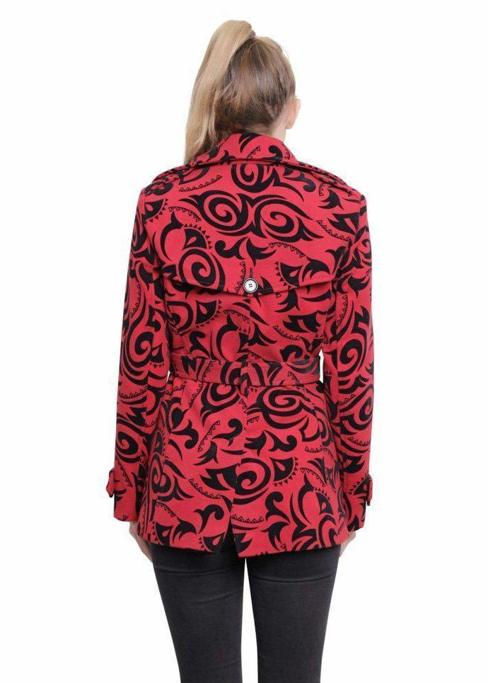 Red and black patterned jacket worn by a person on a white background